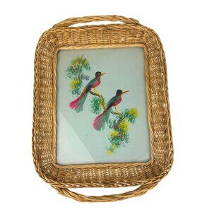 Feather Bird Art Wicker Tray Made in Mexico Handmade Painting Boho Colorful READ